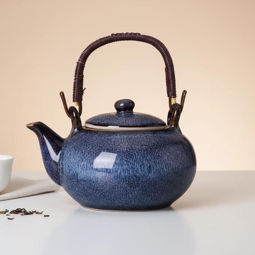 Ceramic Teapot with Rattan Handle, Japanese Loose Leaf Kettle, 900ml Tea Pot