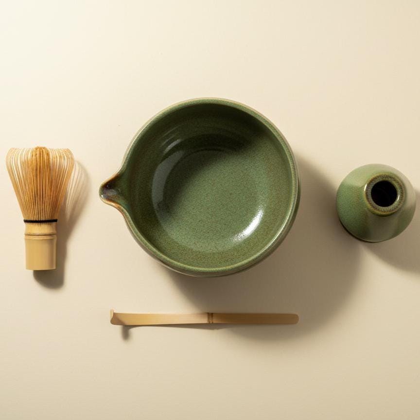 Handmade 4pc Rustic Green Matcha Tea Set | Ceramic Bowls, Matcha Bowl 450ml