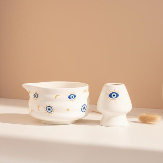 Handmade 2pc Blue Evil Eye Matcha Set | Ceramic Bowls, Matcha Bowl 450ml