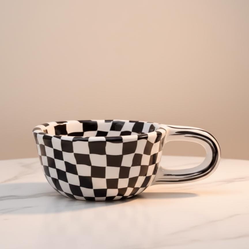 Checkerboard Ceramic Mug, Bold Retro Coffee Cup, Oversized Handle, 12 oz Capacity