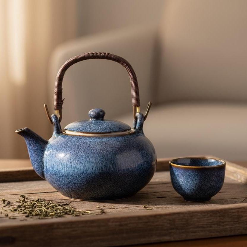 Ceramic Teapot with Rattan Handle, Japanese Loose Leaf Kettle, 900ml Tea Pot