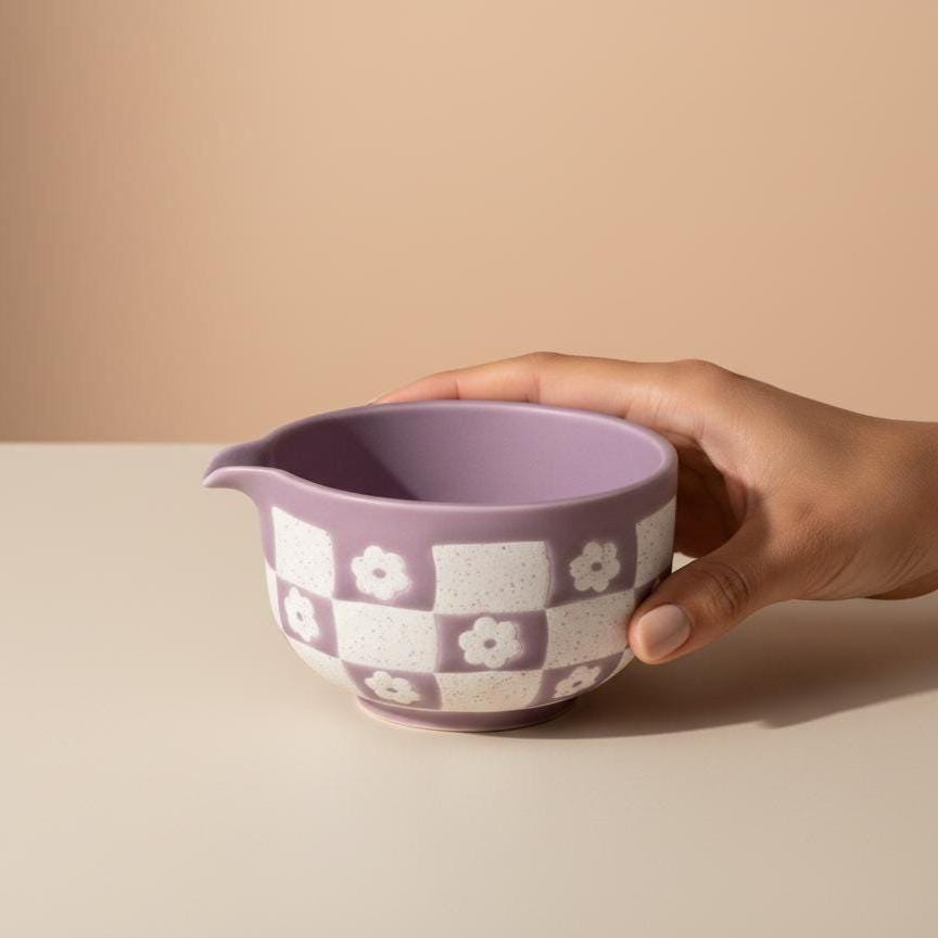 Purple 4pc Checkered Matcha Tea Set | Ceramic Bowls, Matcha Bowl 450ml