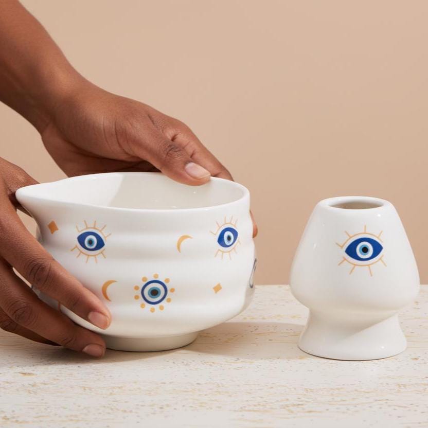 Handmade 2pc Blue Evil Eye Matcha Set | Ceramic Bowls, Matcha Bowl 450ml