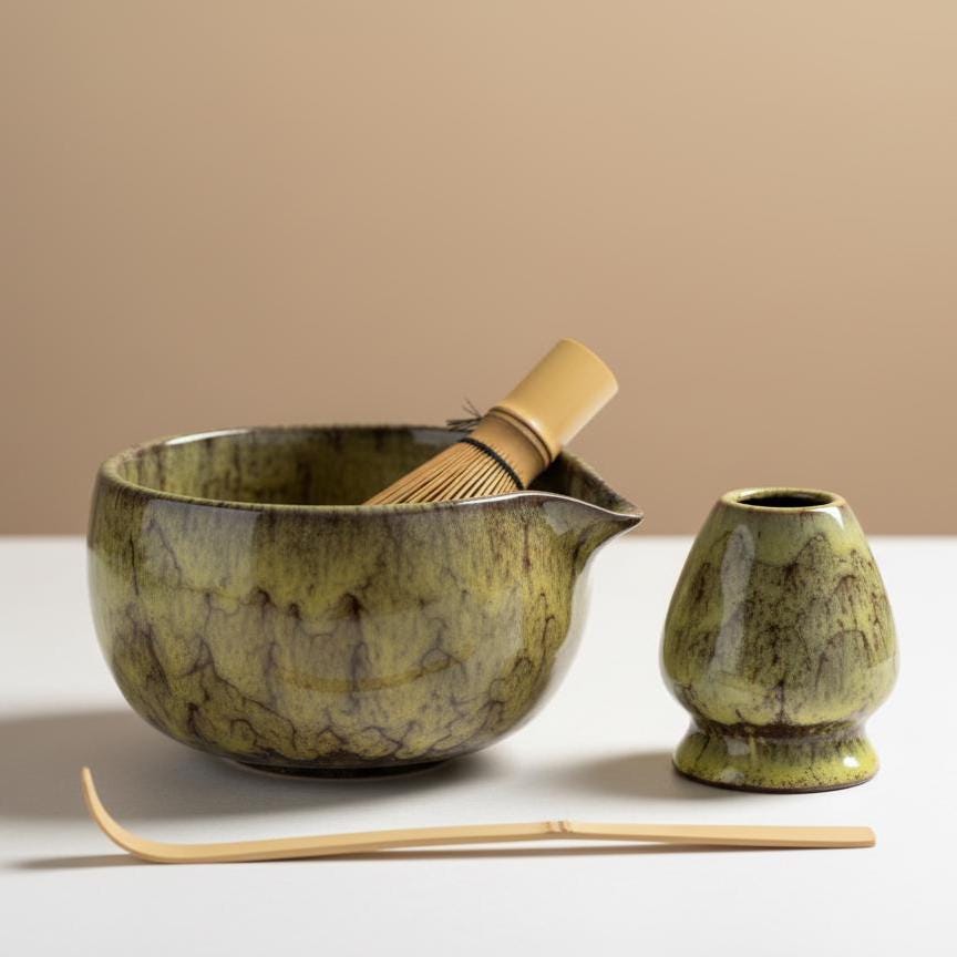 Handmade 4pc Moss Glaze Matcha Tea Set | Ceramic Bowls, Matcha Bowl 450ml