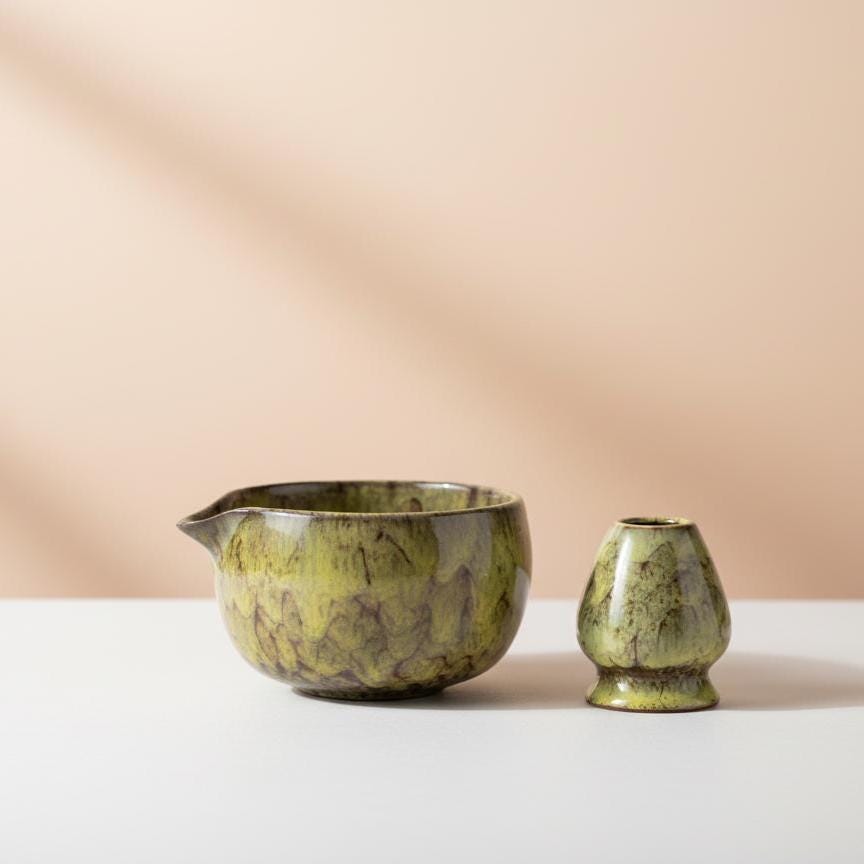 Handmade 4pc Moss Glaze Matcha Tea Set | Ceramic Bowls, Matcha Bowl 450ml