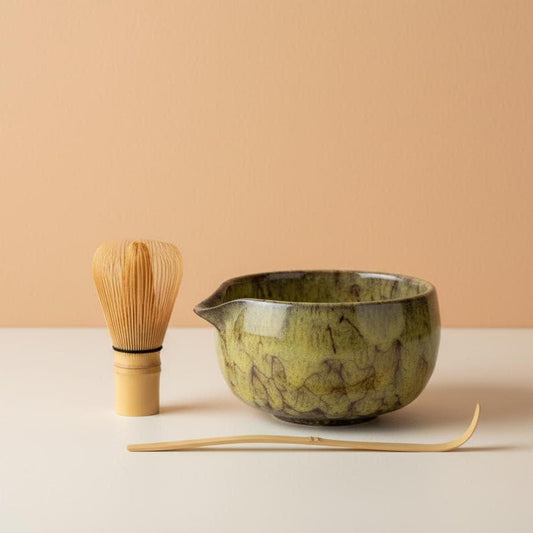 Handmade 4pc Moss Glaze Matcha Tea Set | Ceramic Bowls, Matcha Bowl 450ml