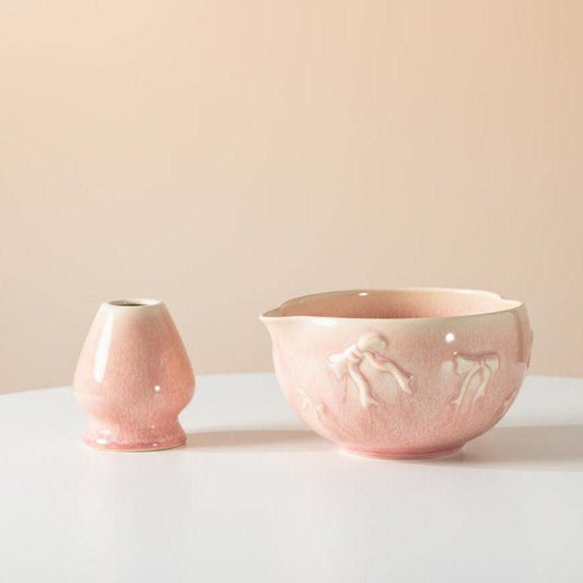 Handmade 2pc Pink Bow Matcha Set | Ceramic Bowls, Matcha Bowl 450ml