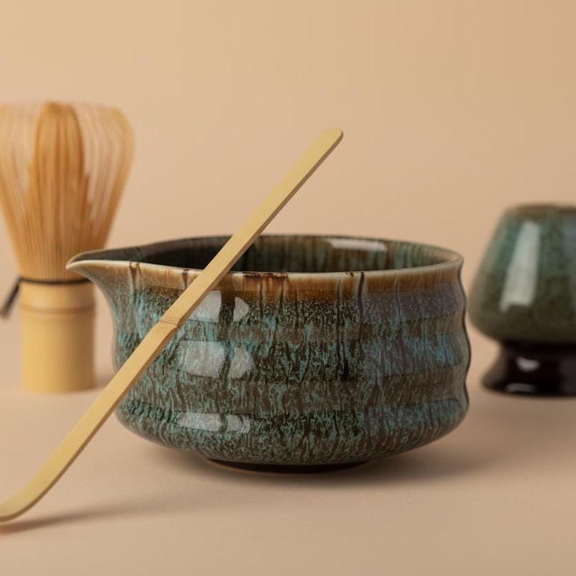Ceramic Matcha Bowl Set | Teal Speckled Chawan with Bamboo Whisk, Scoop, Holder, Strainer