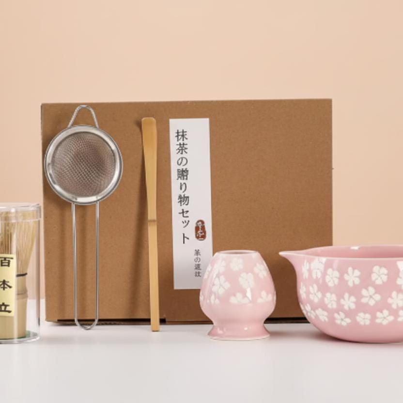 Pink Cherry Blossom Matcha Set, 6 Piece Japanese Tea Ceremony Bowl Kit
