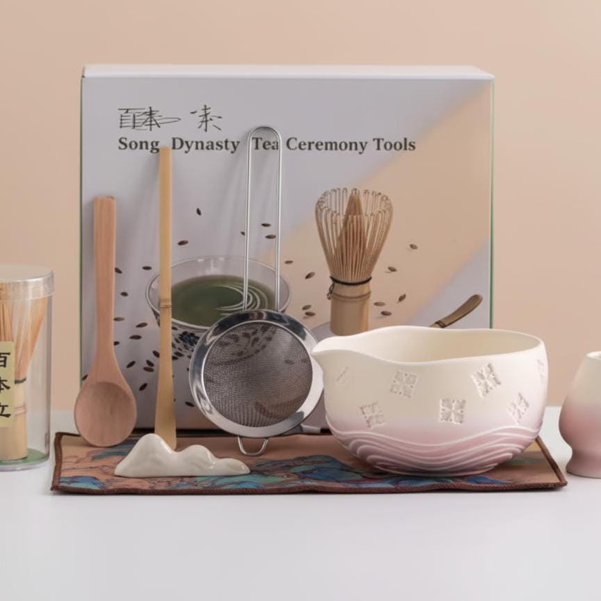 Hand-made 8pc Light Pink Matcha Tea Set | Ceramic Bowls, Matcha Bowl 450ml