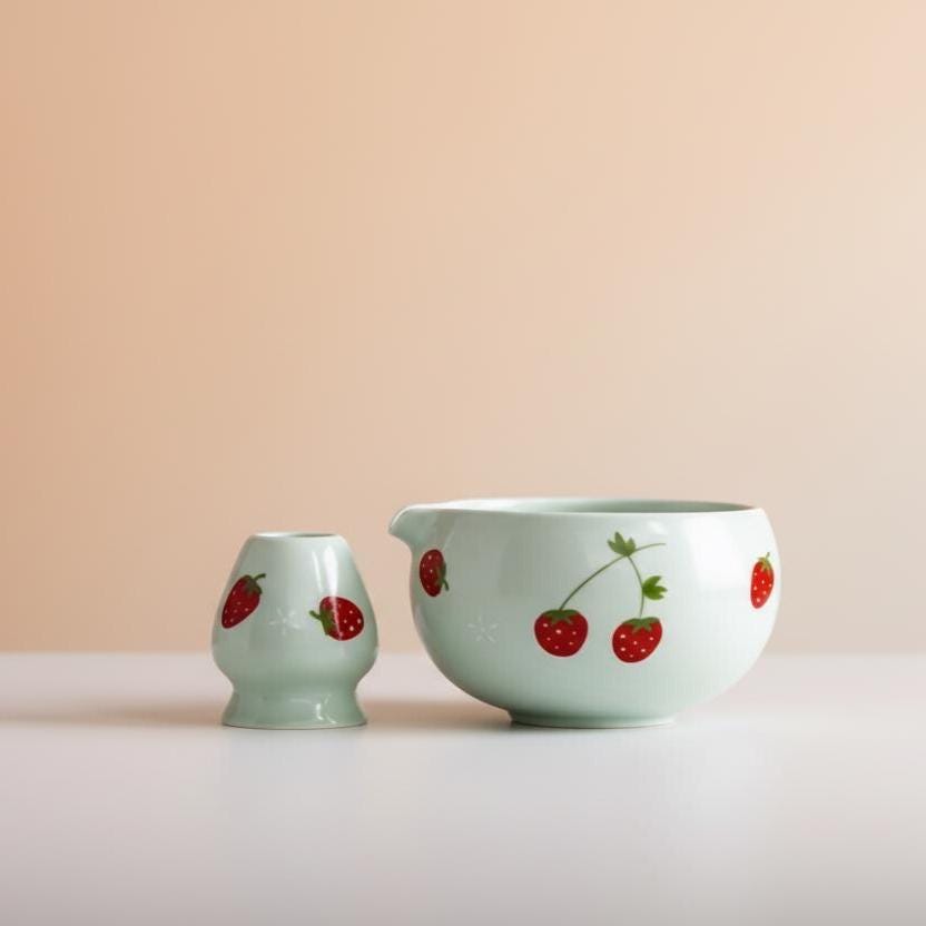 Ceramic Matcha Bowl Kit, Strawberry Hand-Painted Sage Green Tea Set