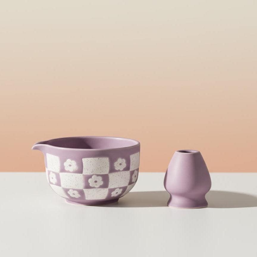 Purple 4pc Checkered Matcha Tea Set | Ceramic Bowls, Matcha Bowl 450ml