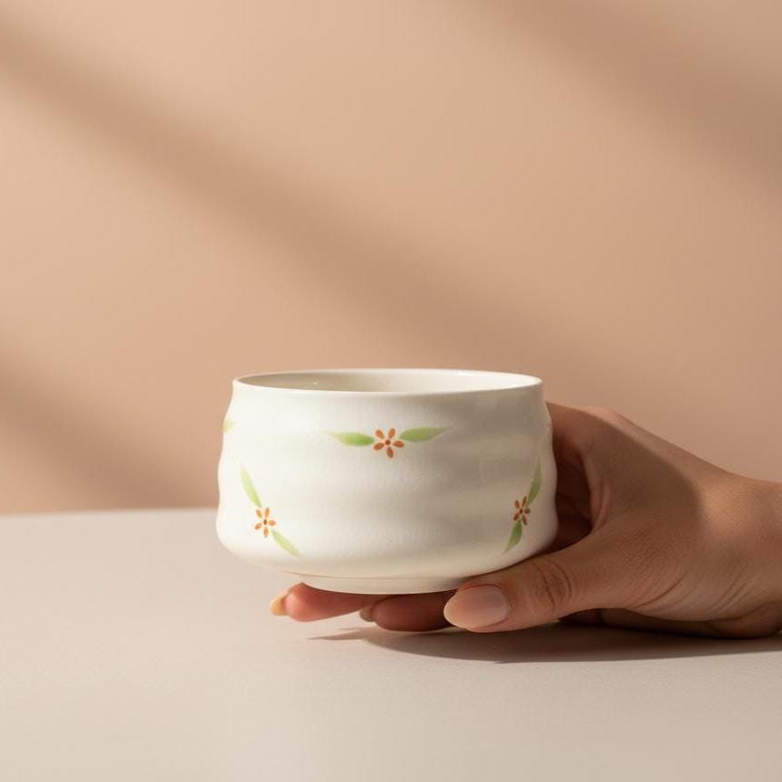 Handmade 4pc White Floral Matcha Tea Set | Ceramic Bowl, Matcha Bowls 450ml