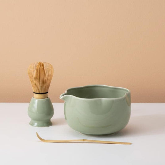 Sage Green Lotus Matcha Set • Ceramic Bowl, Bamboo Whisk, Scoop, Strainer