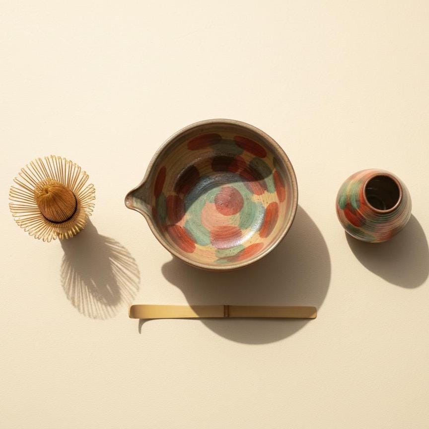 Handmade 4pc Colorful Matcha Tea Set | Ceramic Bowl, Matcha Bowls 450ml