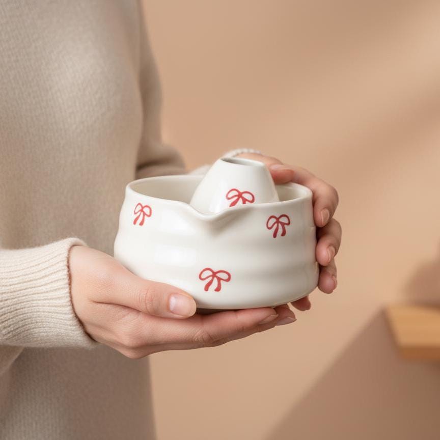 Handmade 4pc White Red Bow Matcha Tea Set | Ceramic Bowls, Matcha Bowl 450ml
