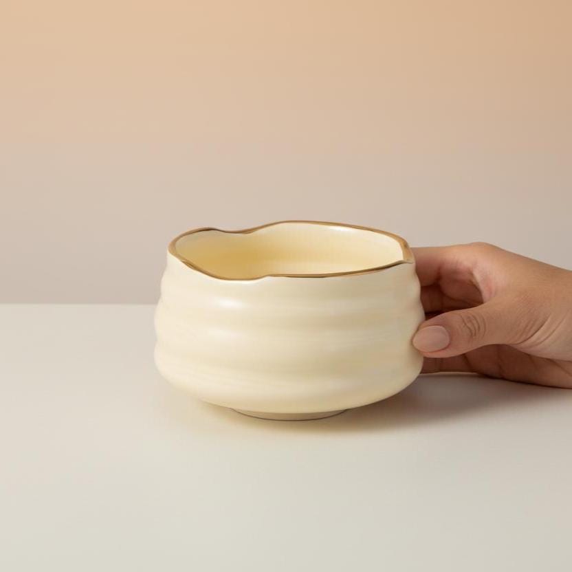 Cream Ceramic Matcha Set with Gold Rim | Chawan Bowl, Whisk, Scoop Kit