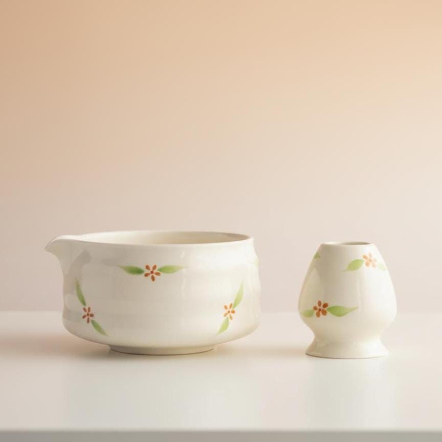 Handmade 4pc White Floral Matcha Tea Set | Ceramic Bowl, Matcha Bowls 450ml