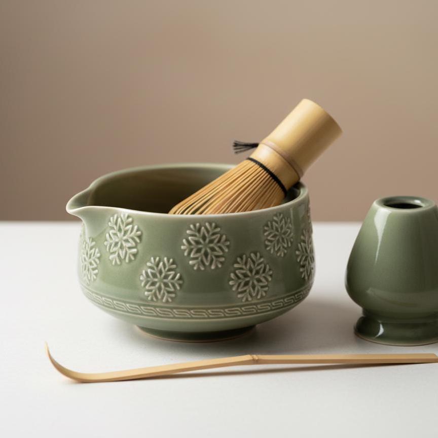 Handmade 4pc Green Flake Matcha Tea Set | Ceramic Bowls, Matcha Bowl 450ml