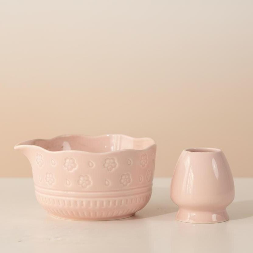 Handmade 4pc Pink Floral Matcha Tea Set | Ceramic Bowls, Matcha Bowl 450ml