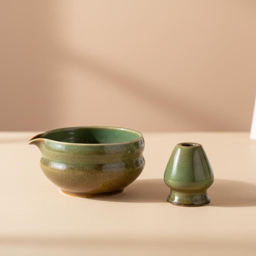 Handmade 4pc Rustic Green Matcha Tea Set | Ceramic Bowls, Matcha Bowl 450ml