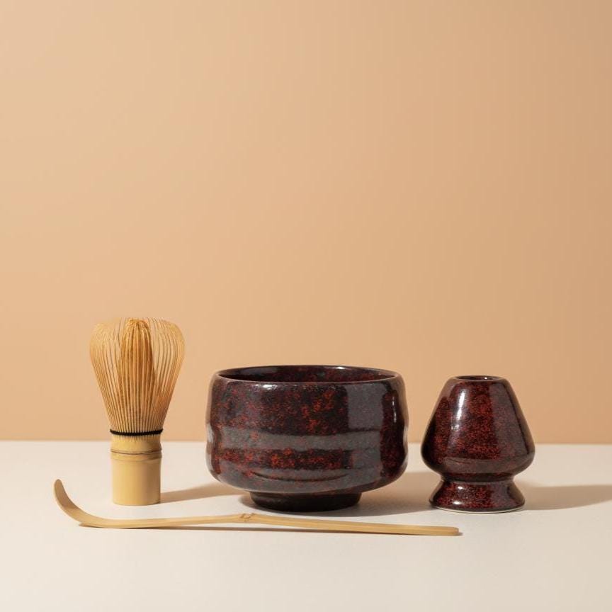 Handmade 4pc Rustic Dark Red Matcha Tea Set | Ceramic Bowl, Matcha Bowls 450ml