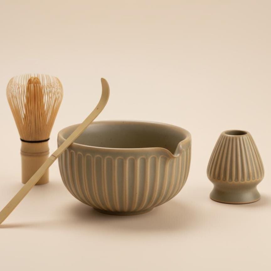 Handmade 4pc Beige Matcha Tea Set | Ceramic Bowls, Matcha Bowl 450ml