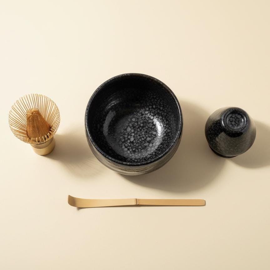 Handmade 4pc Black Funky Matcha Tea Set | Ceramic Bowls, Matcha Bowl 450ml