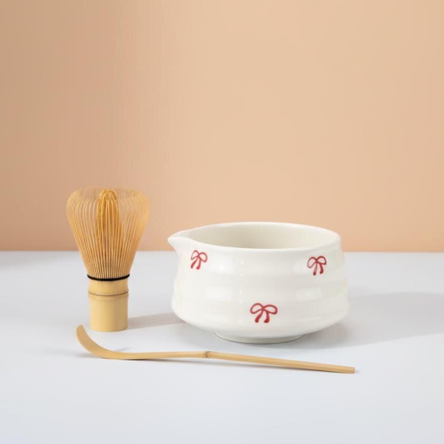 Handmade 4pc White Red Bow Matcha Tea Set | Ceramic Bowls, Matcha Bowl 450ml