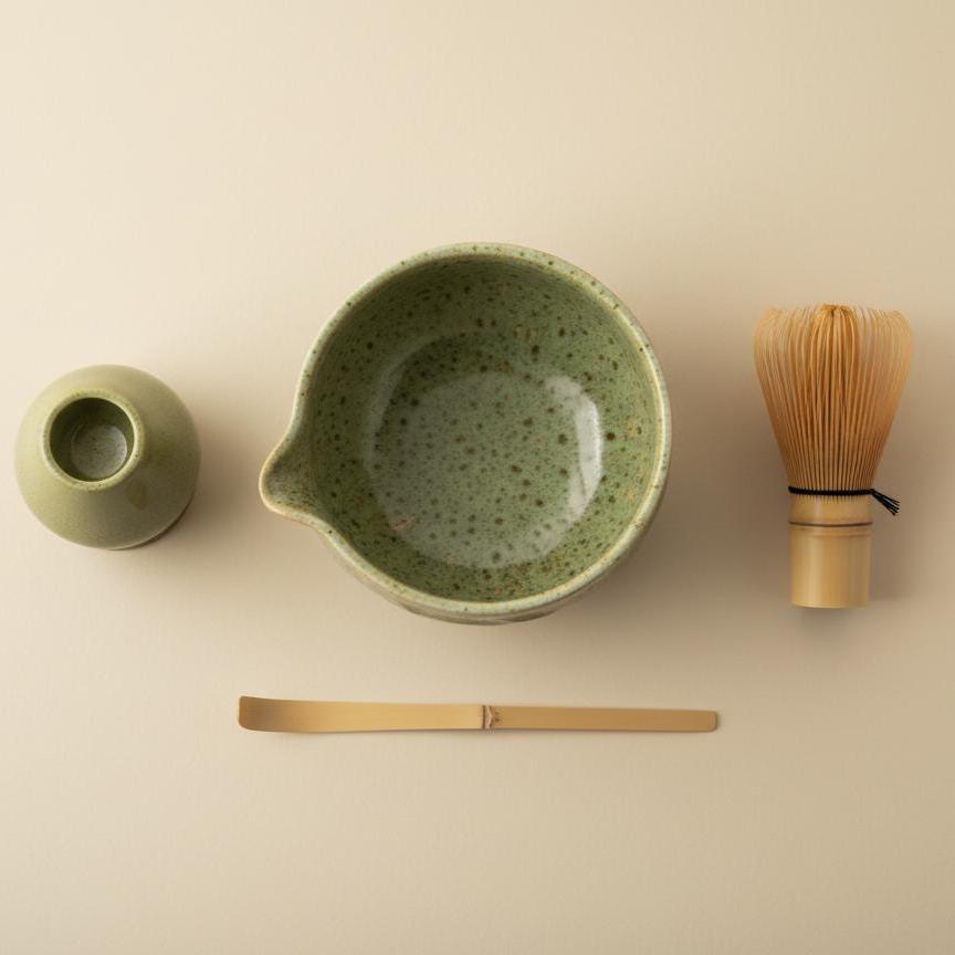 Handmade 4pc Moss Green Matcha Tea Set | Ceramic Bowls, Matcha Bowl 450ml