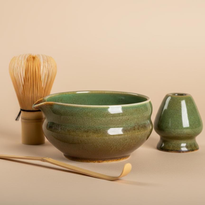 Handmade 4pc Rustic Green Matcha Tea Set | Ceramic Bowls, Matcha Bowl 450ml