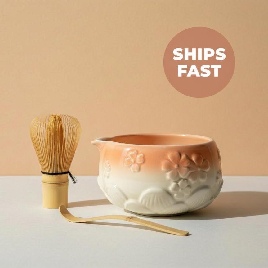 Handmade 4pc Peach Matcha Tea Set | Ceramic Bowls, Matcha Bowl 450ml