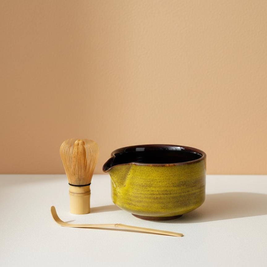 Handmade 4pc Rustic Yellow Matcha Tea Set | Ceramic Bowl, Matcha Bowls 450ml