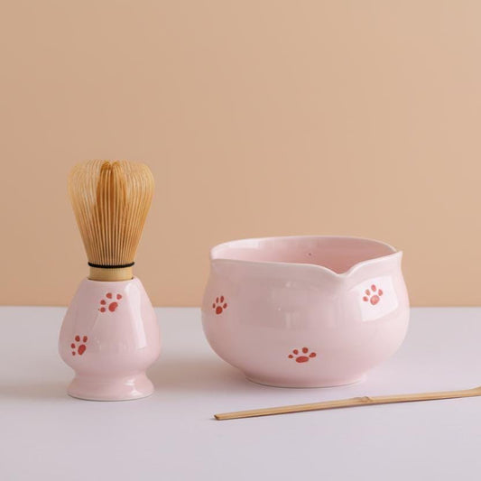 Pink Cat Paw Matcha Set | Ceramic Bowl, Whisk, Scoop, Holder