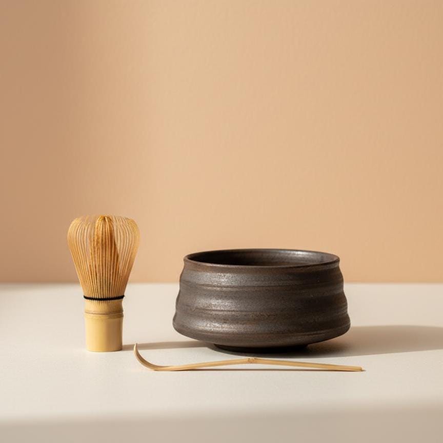 Handmade 4pc Rustic Brown Matcha Tea Set | Ceramic Bowl, Matcha Bowls 450ml