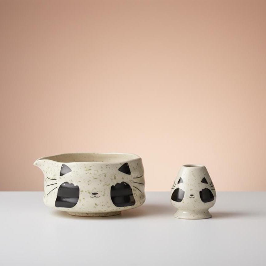 Handmade 4pc Cat Matcha Tea Set | Ceramic Bowls, Matcha Bowl 450ml