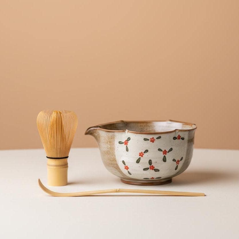 Hand Painted Floral Matcha Set • 6 Piece Ceramic Tea Bowl with Whisk, Scoop, Strainer