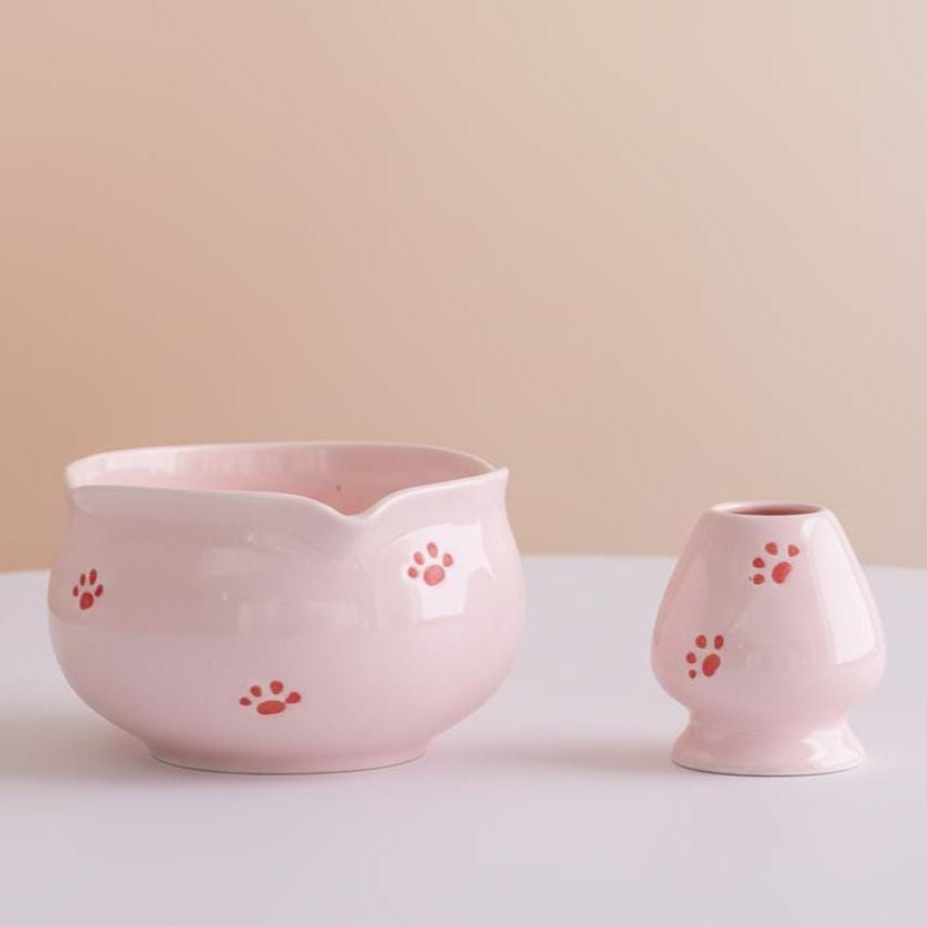 Pink Cat Paw Matcha Set | Ceramic Bowl, Whisk, Scoop, Holder