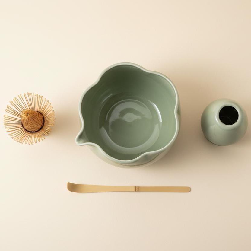 Sage Green Lotus Matcha Set • Ceramic Bowl, Bamboo Whisk, Scoop, Strainer