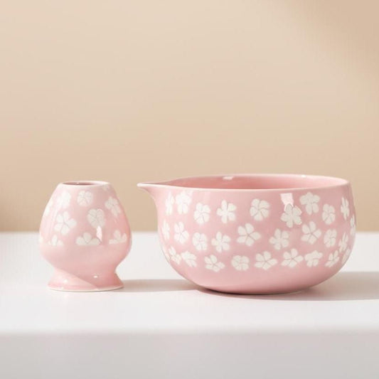 Pink Cherry Blossom Matcha Set, 6 Piece Japanese Tea Ceremony Bowl Kit