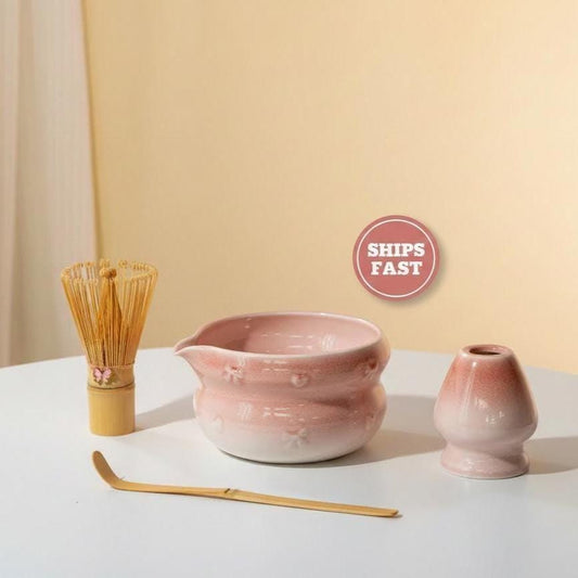 Handmade 4pc Pink Bow Matcha Tea Set | Ceramic Bowl, Matcha Bowls 450ml