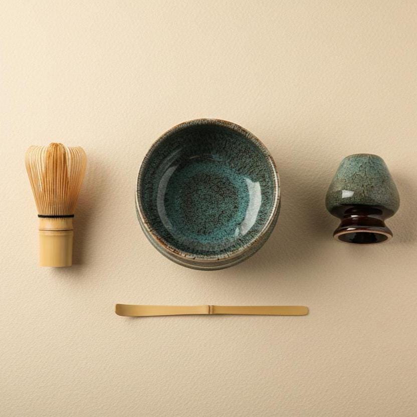 Ceramic Matcha Bowl Set | Teal Speckled Chawan with Bamboo Whisk, Scoop, Holder, Strainer